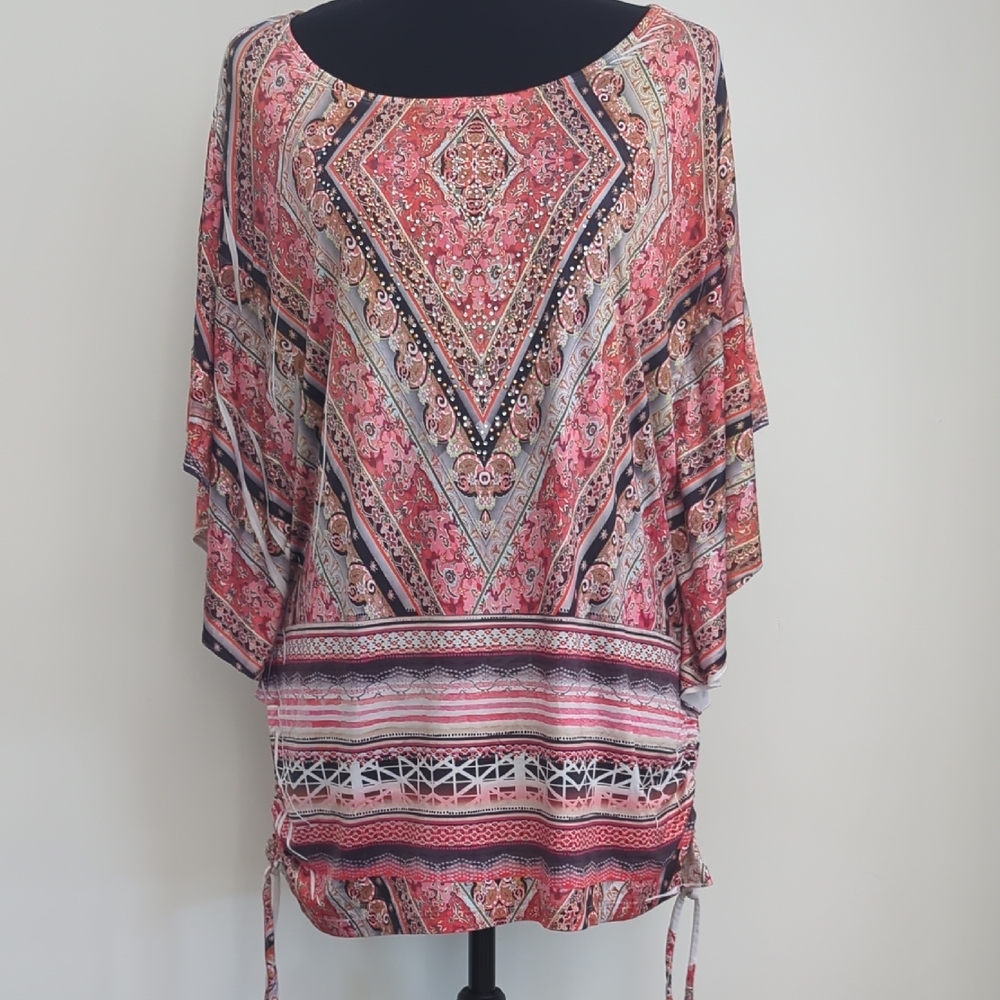 Style & Co. Bohemian Coral Paisley Medallion Cinch Side Tunic Top LARGE